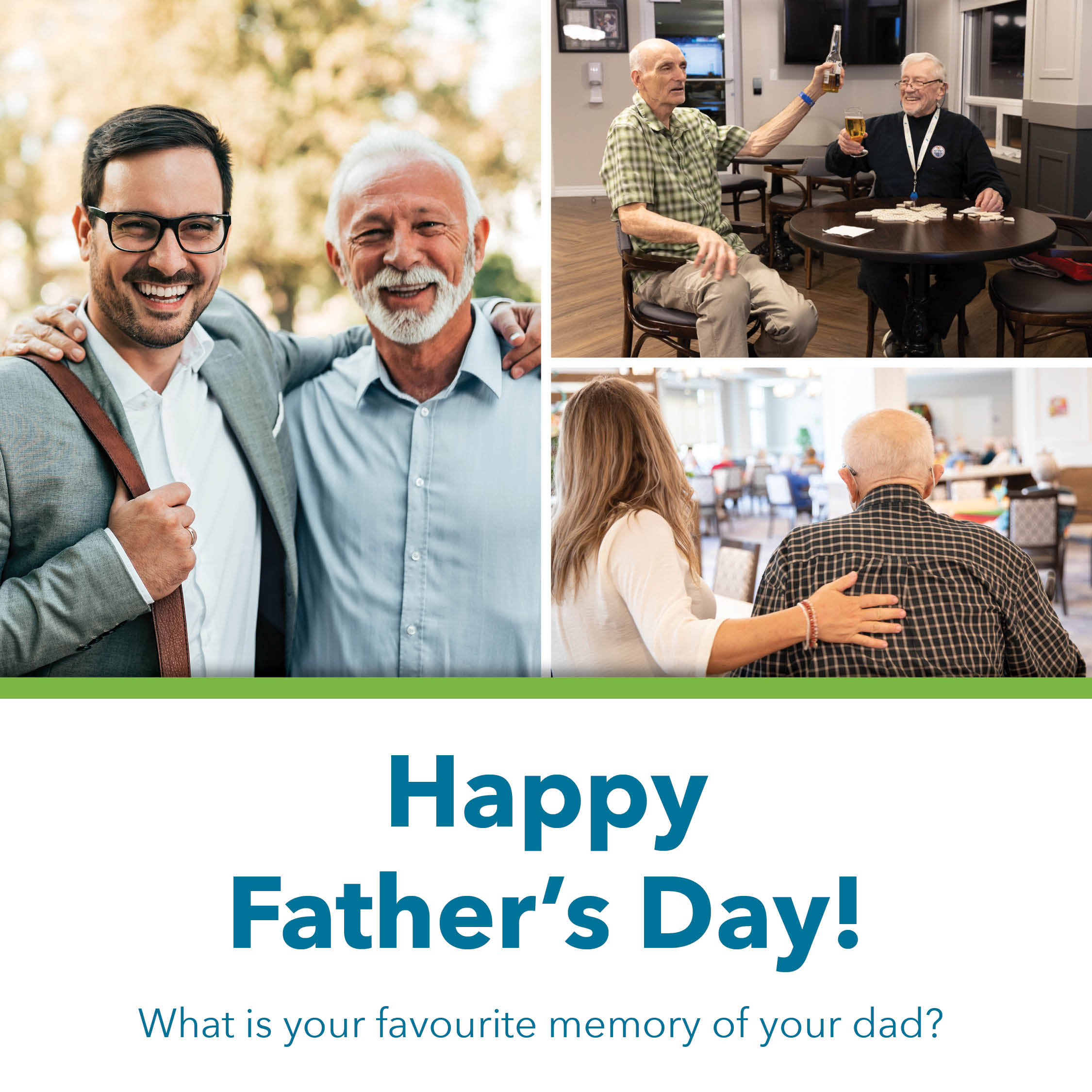 A Father's Day photo featuring three different pictures. A senior father with his son smiling, a couple of senior father's enjoying a drink together, and a father walking with a daughter.