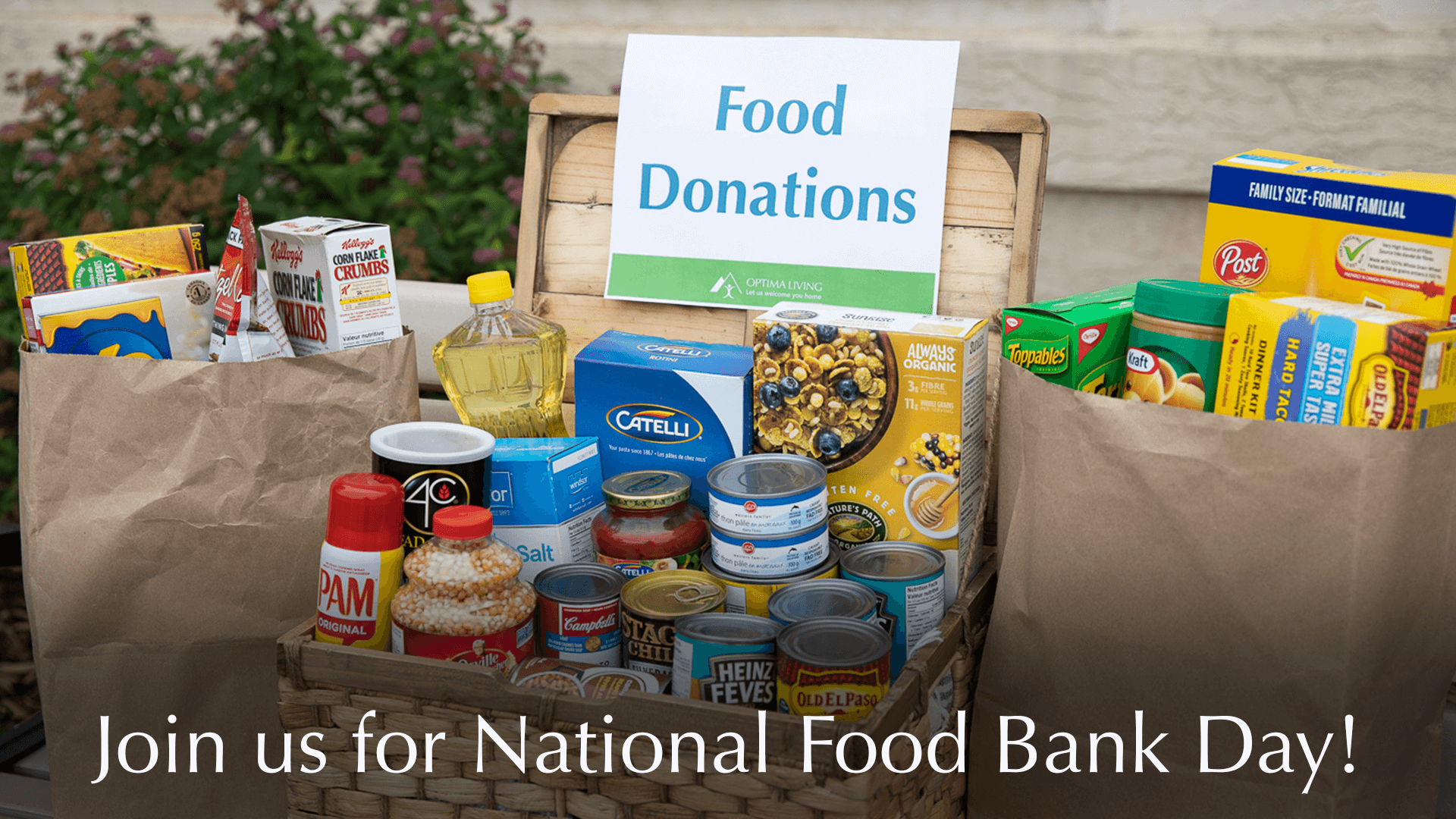 A basket with non-perishable food items for food donations