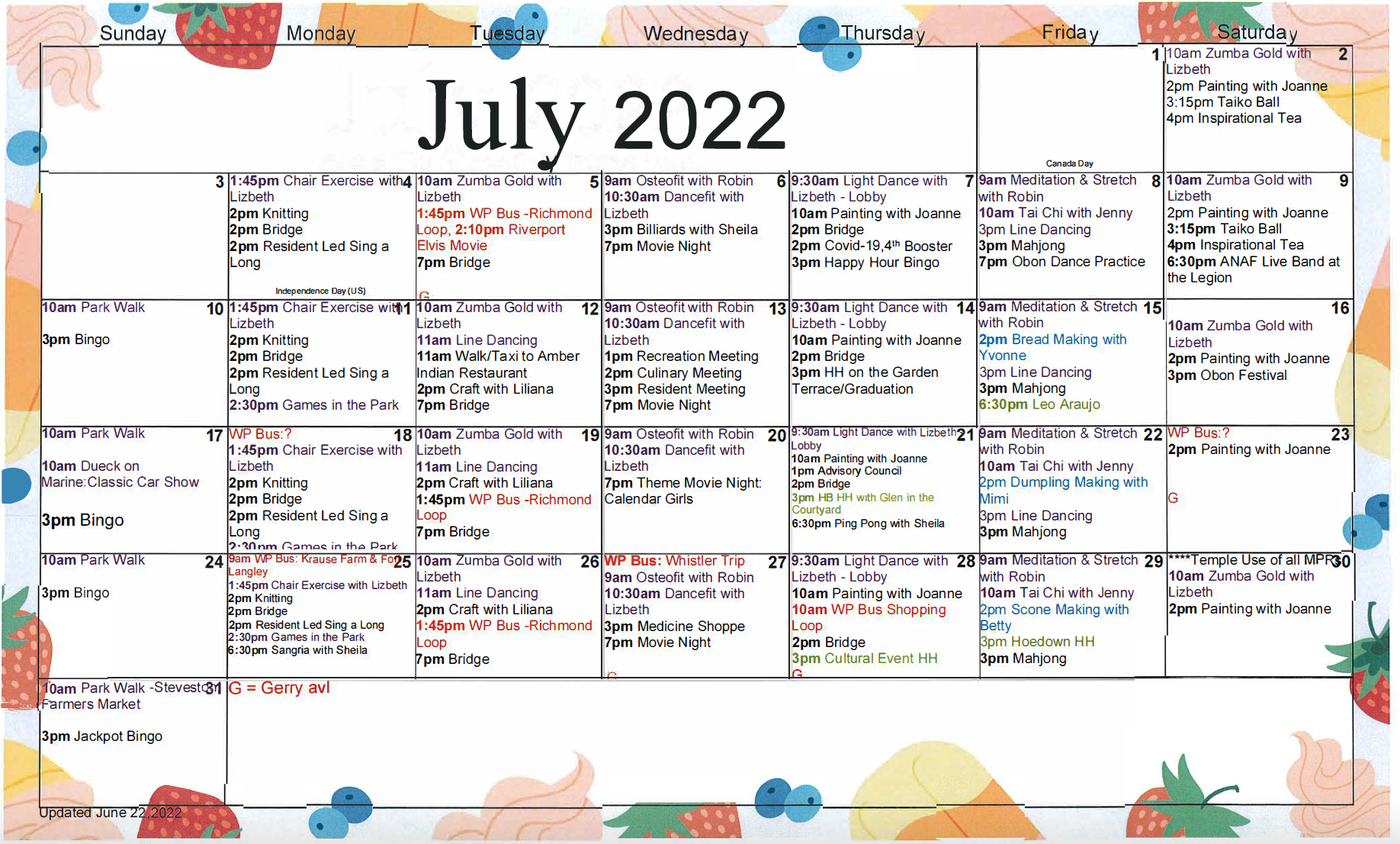 Wisteria Place July 2022 event calendar