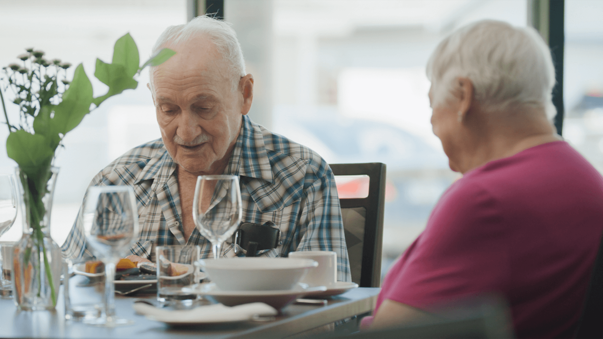 An elderly couple having dinner