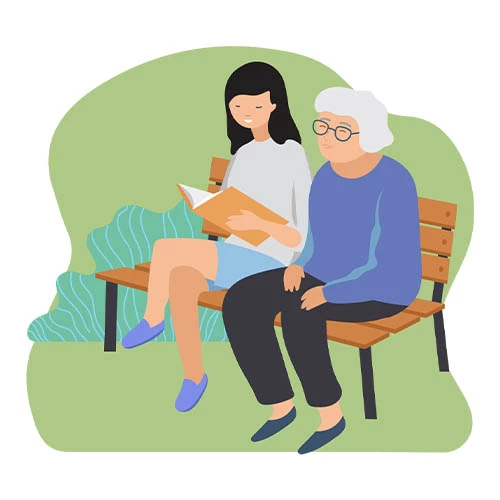 A cartoon of a young woman reading to an older woman