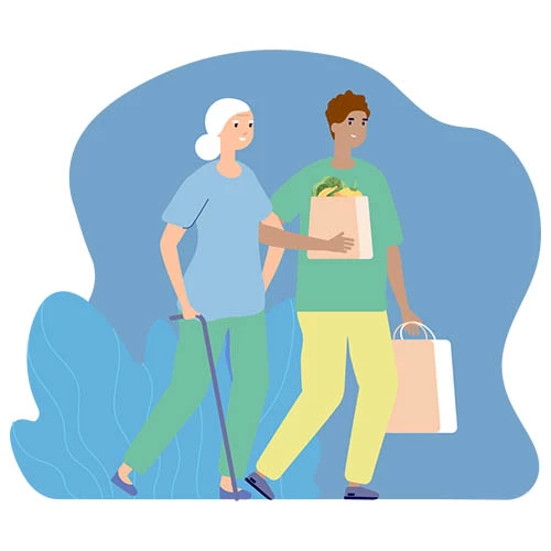A cartoon of a young man carrying an older woman's groceries