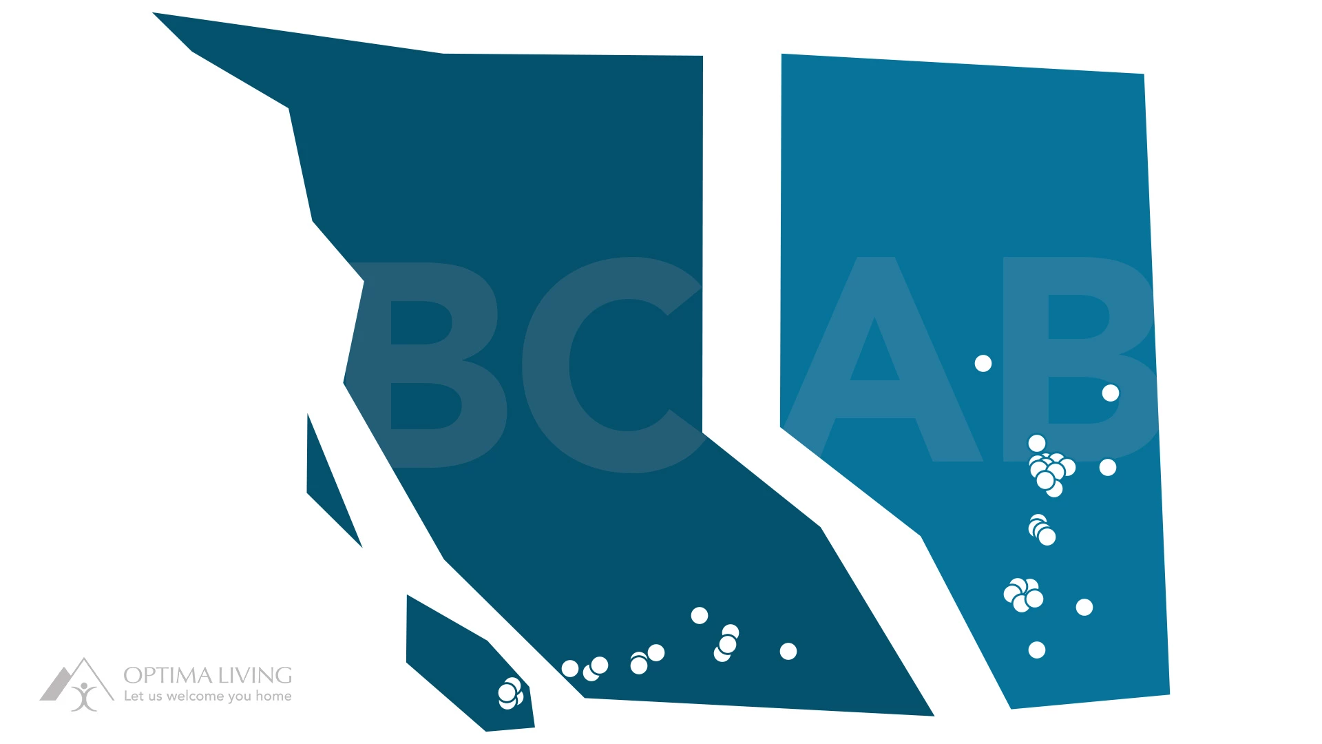 Alberta and British Columbia Provinces showing optima living community locations
