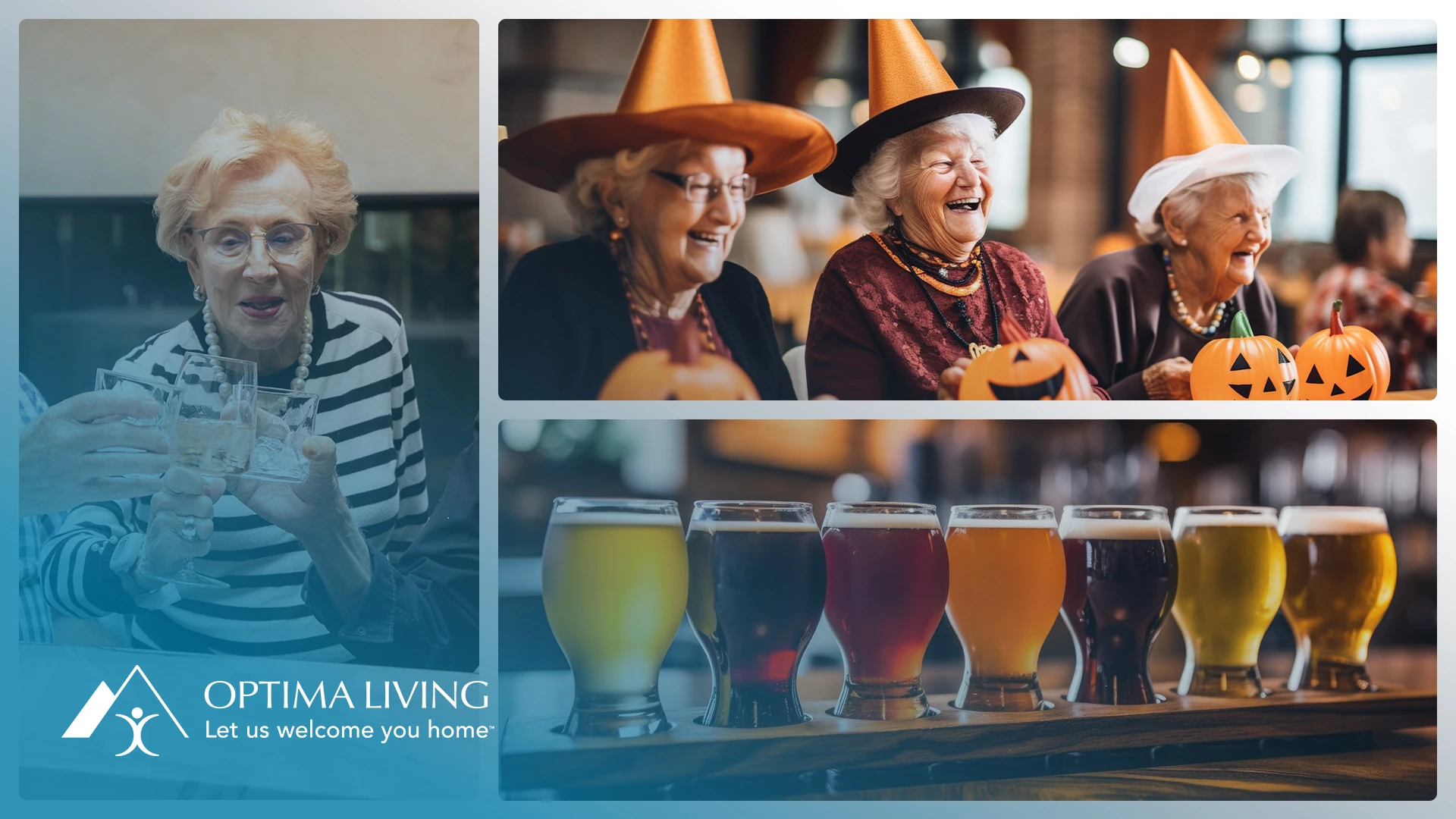 October themed images of senior women dressed as witches and a beer flight