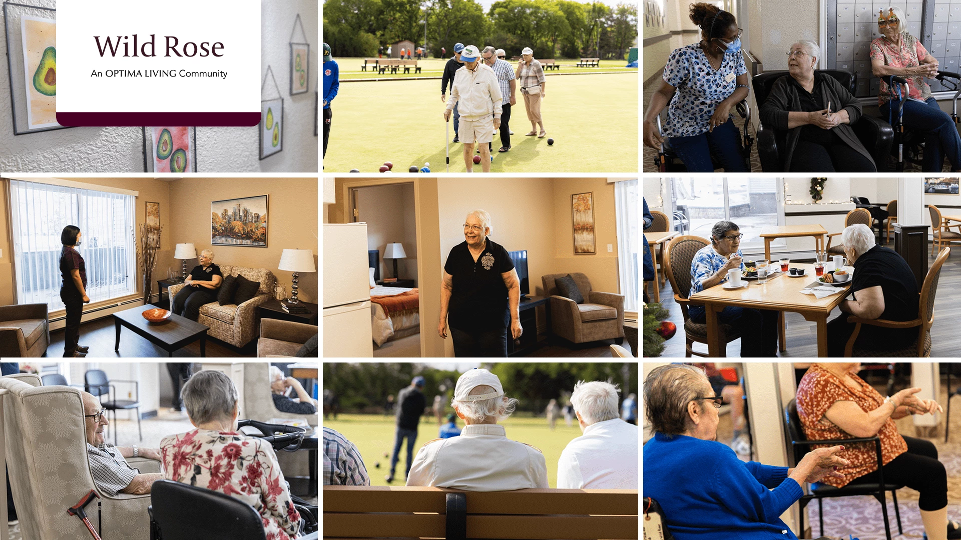 Wild Rose residents enjoying time together, outdoor activities, dining, and friendship with staff.