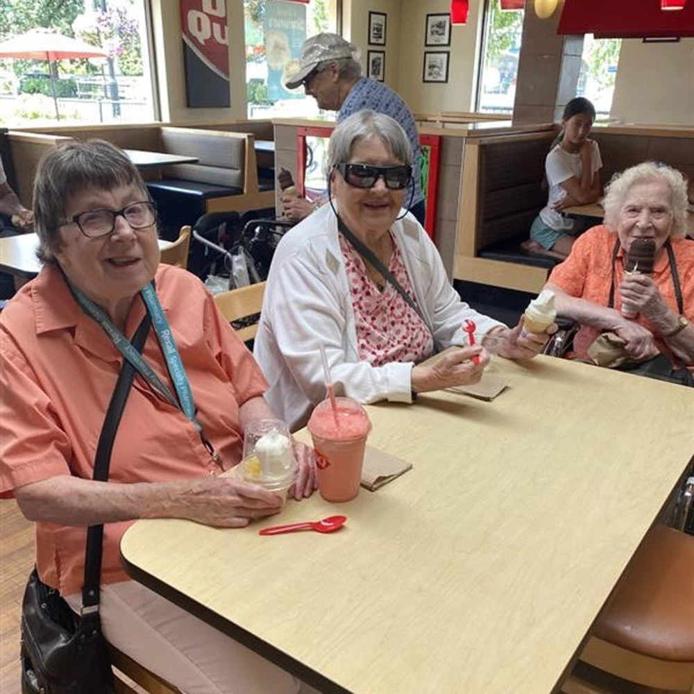 Senior women sitting at a table eating ice cream cones