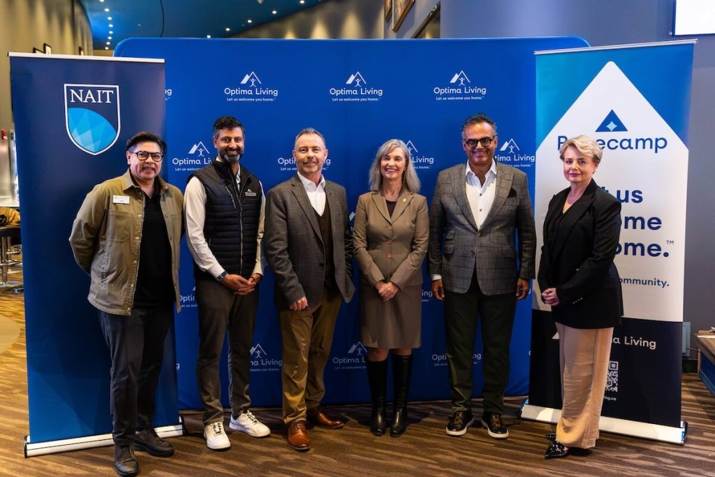 Farid Damji, Ali Shivji, Dennis Sheppard, Laura Jo Gunter, Karim Kassam, and Angela Grottoli announce Optima Living and the Northern Alberta Institute of Technology partnership